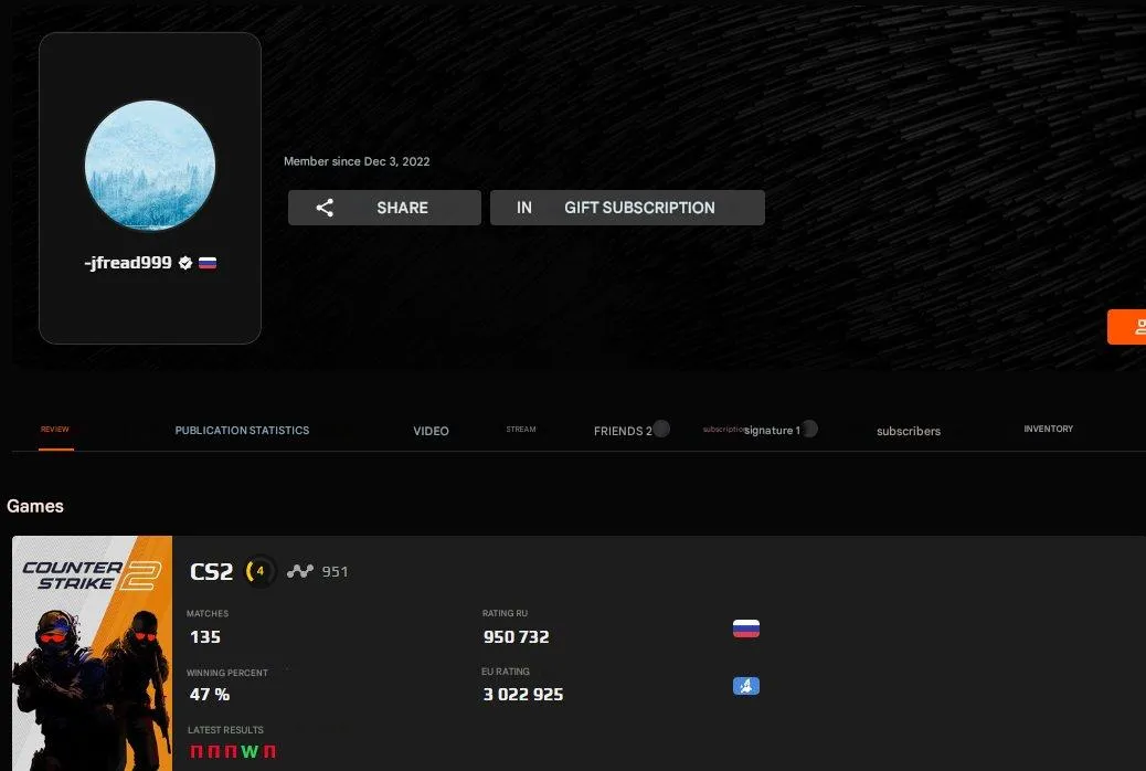 CS248 FACEIT 4 LVL 951 ELO 135 Matches 2022 Reg Verified With Native Mail 1000 FACEIT Points 